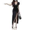 Spicy Girl Black Midi Dress: Slim Fit, Cinched Waist, Pleated Slit for a Sexy Date.