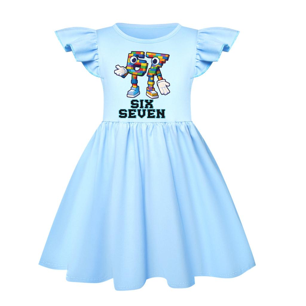 

5228 Kids Girls Steal a Brainrot 67 Printed Ruffle Short Sleeves Casual Dress 150cm