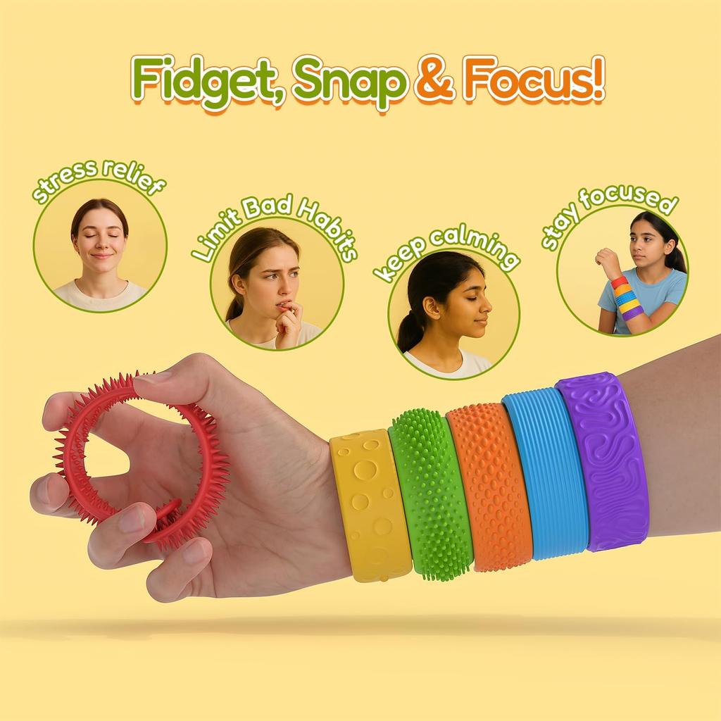 6 Pack Sensory Fidget Toys Slap Bracelets, Textured Silicone Sensory Toys for Kids, Calming Tool for Special Needs, Wearable Anxiety Relief Toys for