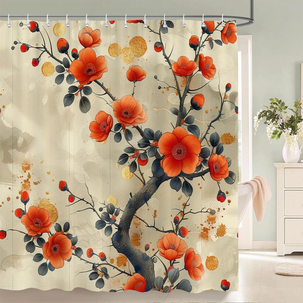 Japanese Style Flowers Bird Shower Curtain Abstract Mountain Red Floral Plant Ink Art Landscape Fabric Decor Bathroom Curtains