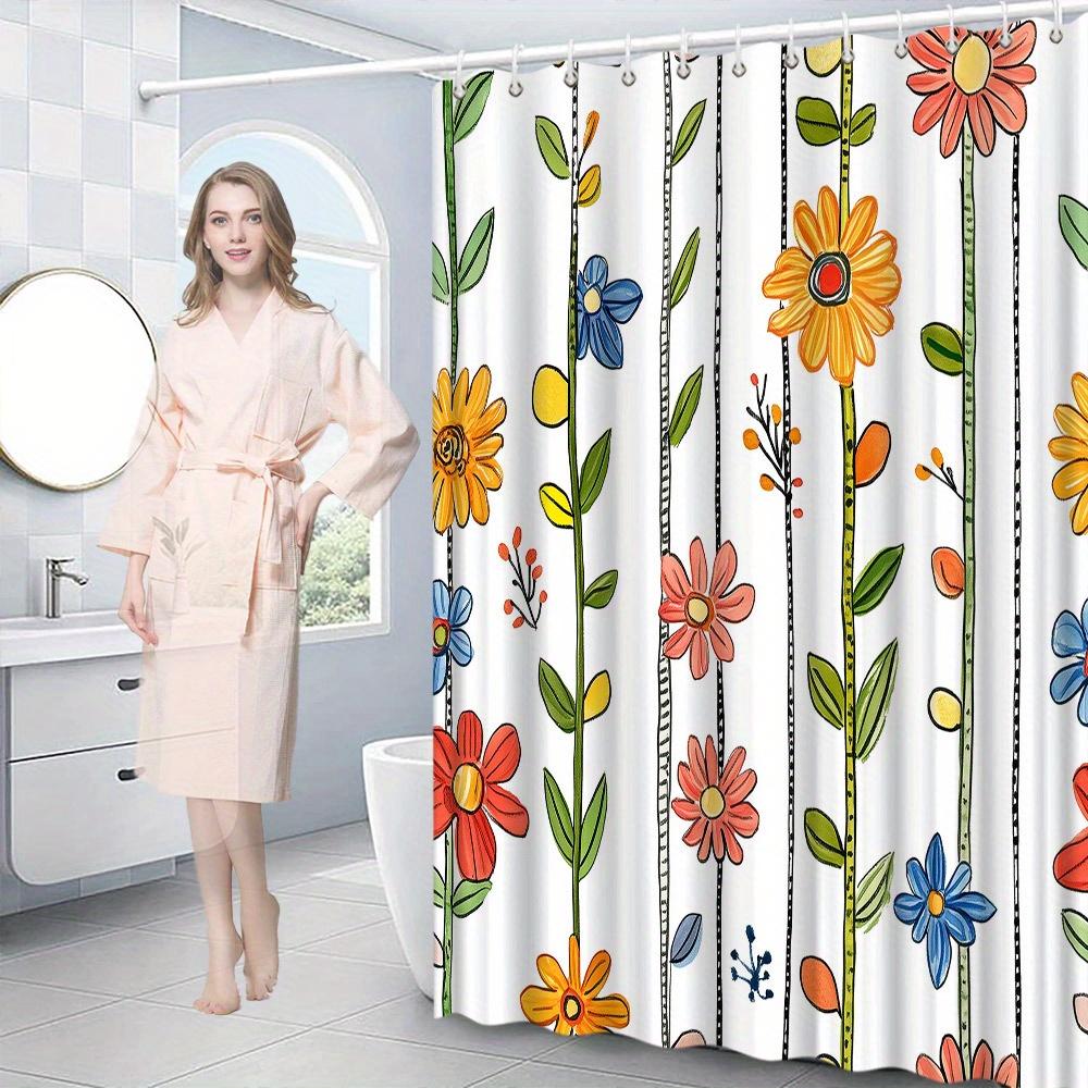 1pc Whimsical Floral Shower Curtain - Vibrant Flowers on White, Polyester, 70x70In, 12 Hooks, Perfect Bath Decor
