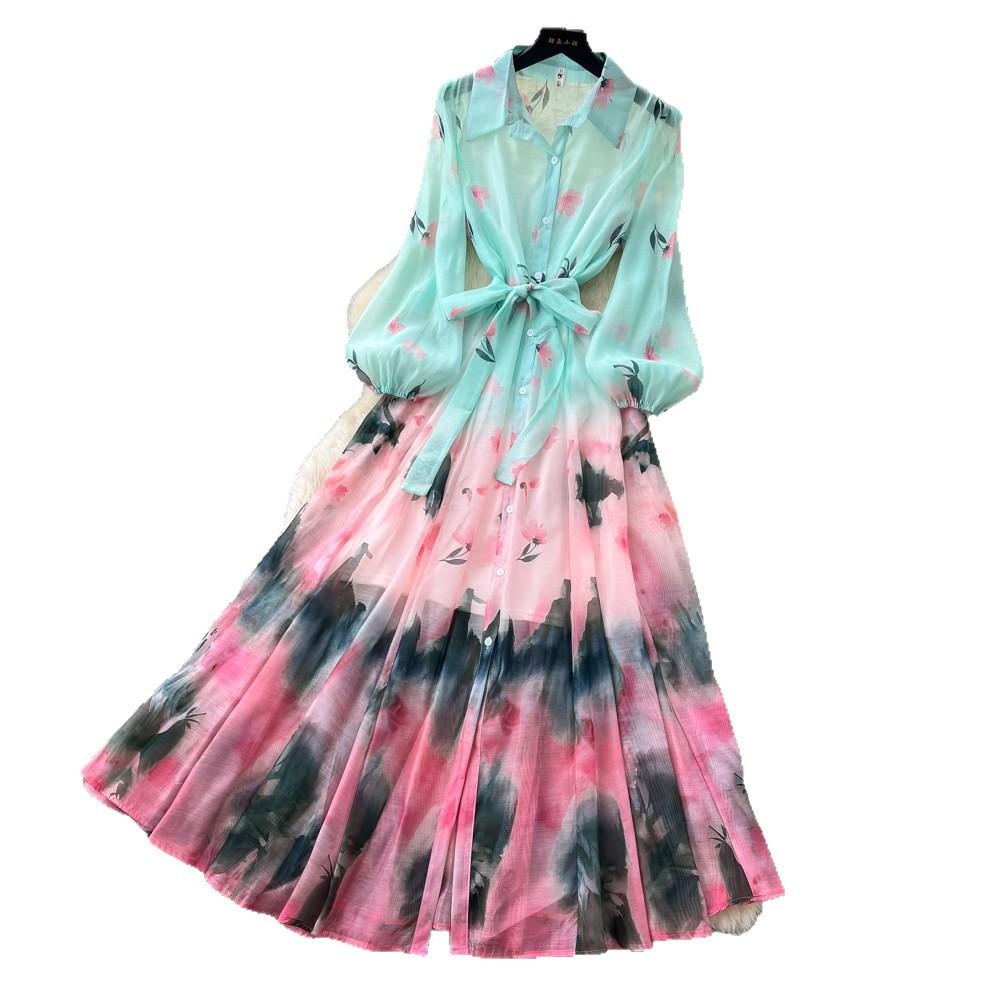 Gentle wind tie-dye gradual change printing temperament dress women's autumn long-sleeved waist A-shaped skirt vacation style commuter skirt