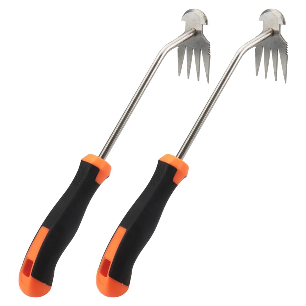 Set mit 2 Unkrautstechern: Unkrautrechen und Rechen mit 4 Zinken, zum Ausgraben von Wurzeln und Graben, Leicht, Einhandbedienung, Edelstahl, 34,5 cm lang