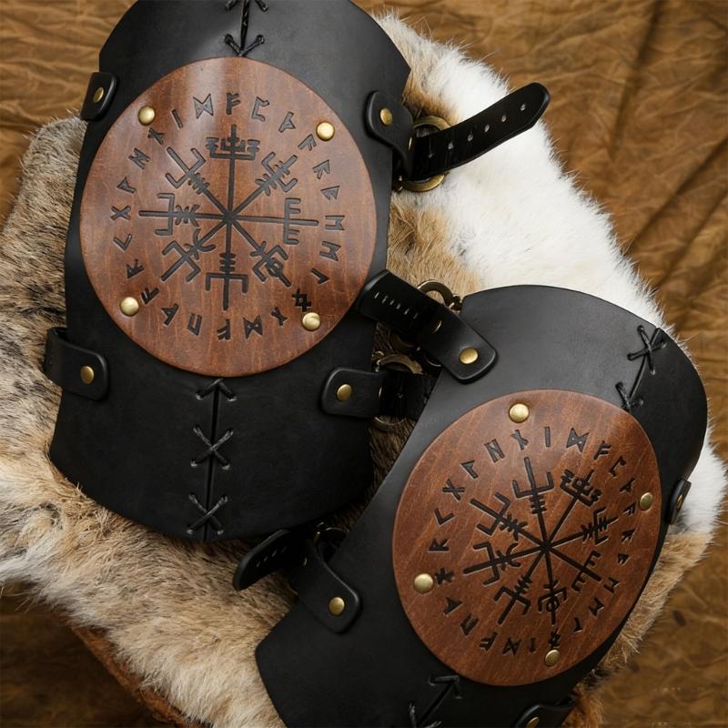 Medieval Knee Armors Nordic Vikinges Knee Brace Leather Embossed Knee Pads Knightes Leg Guards for Halloween Cosplay