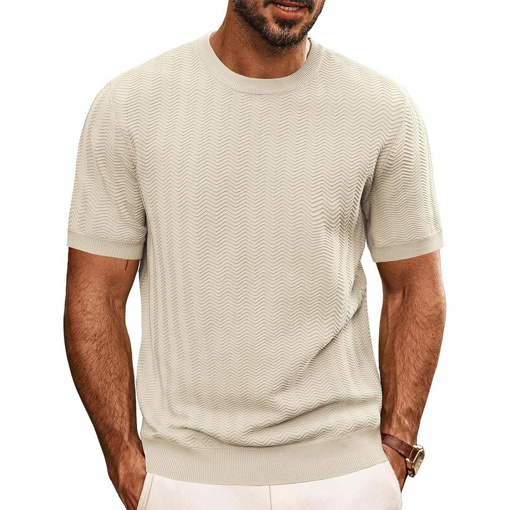 Men's Summer T-shirt Knitted European And American Retro Style Round Neck Long Sleeved Shirt