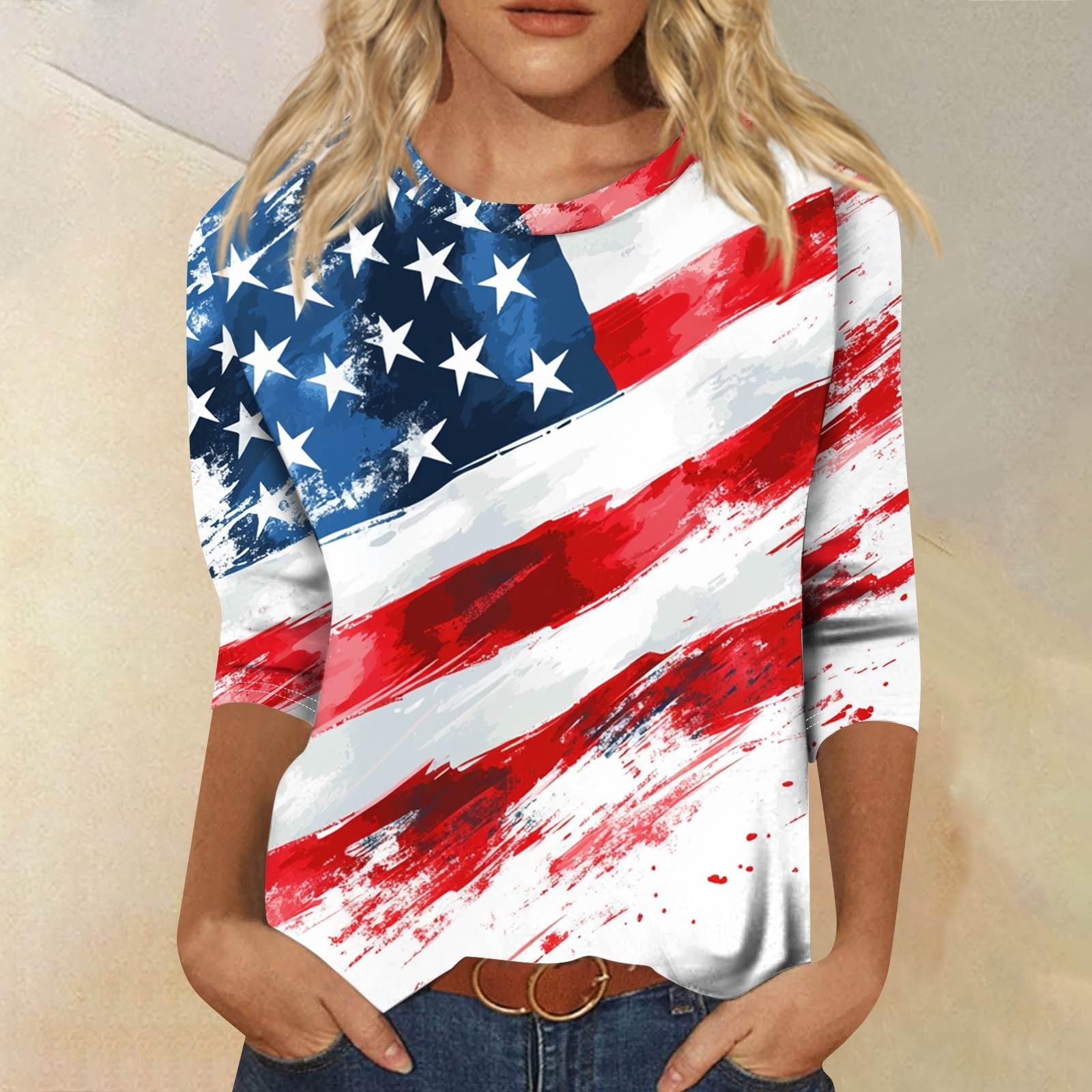 

Женская мода повседневный топ с круглым вырезом и принтом на День независимости с семью рукавами XXL