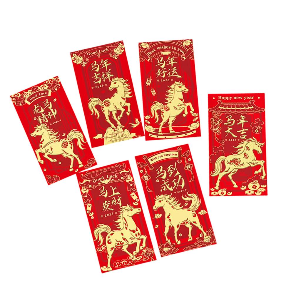 Pack Of 6 Year Of The Horses Red Envelopes Chinese New Year Blessing Paper Money Packets For Festives Occasion