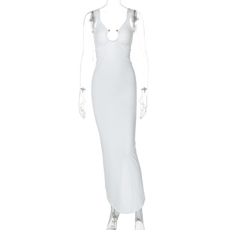 

Summer New Fashionable Solid Color Sleeveless V-neck Sexy Backless Irregular Dress Slit Dress For Women L білий