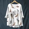 Women's Fashionable And Casual Shirt Long-sleeved V-neck Print Cotton And Linen Blouse