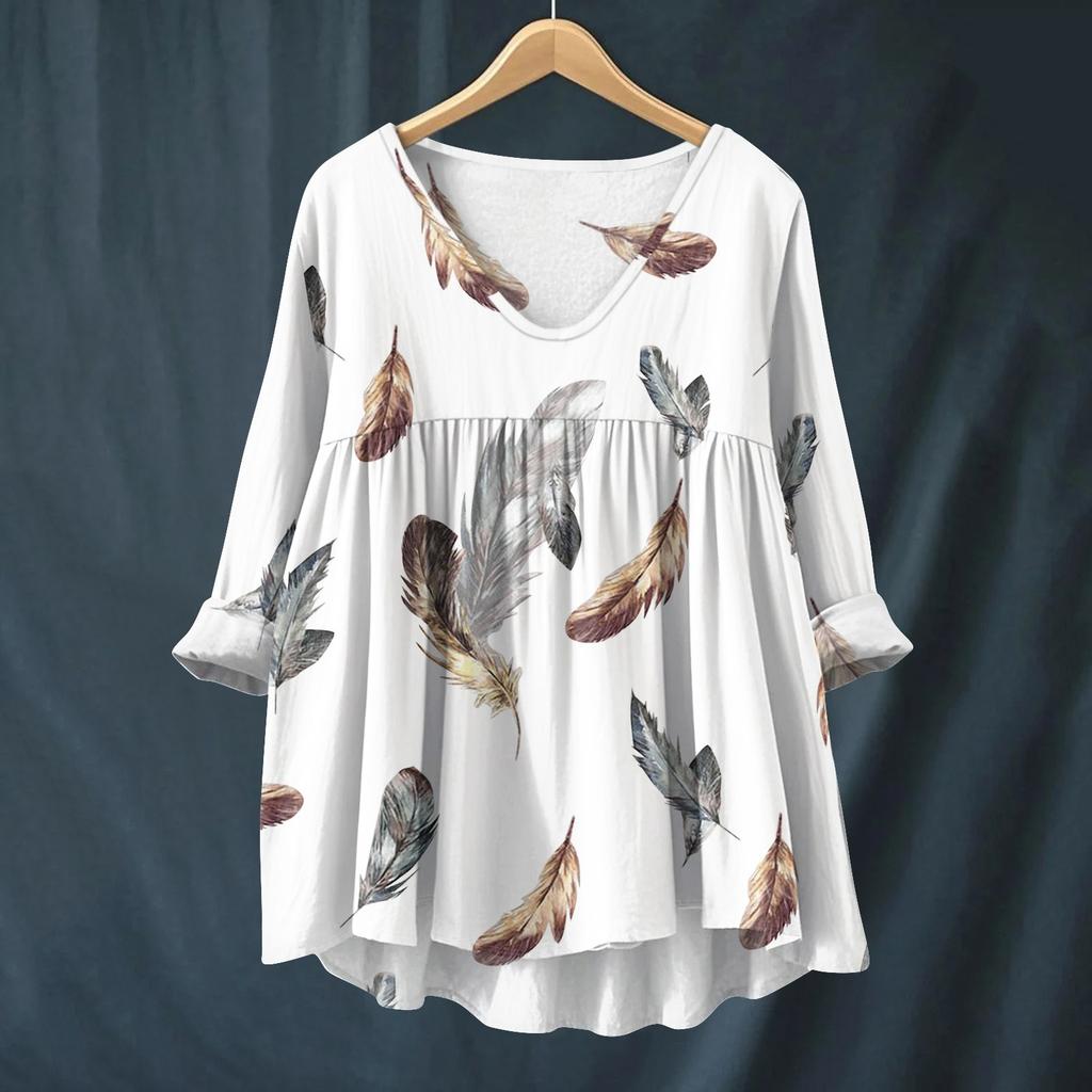 Women's Fashionable And Casual Shirt Long-sleeved V-neck Print Cotton And Linen Blouse