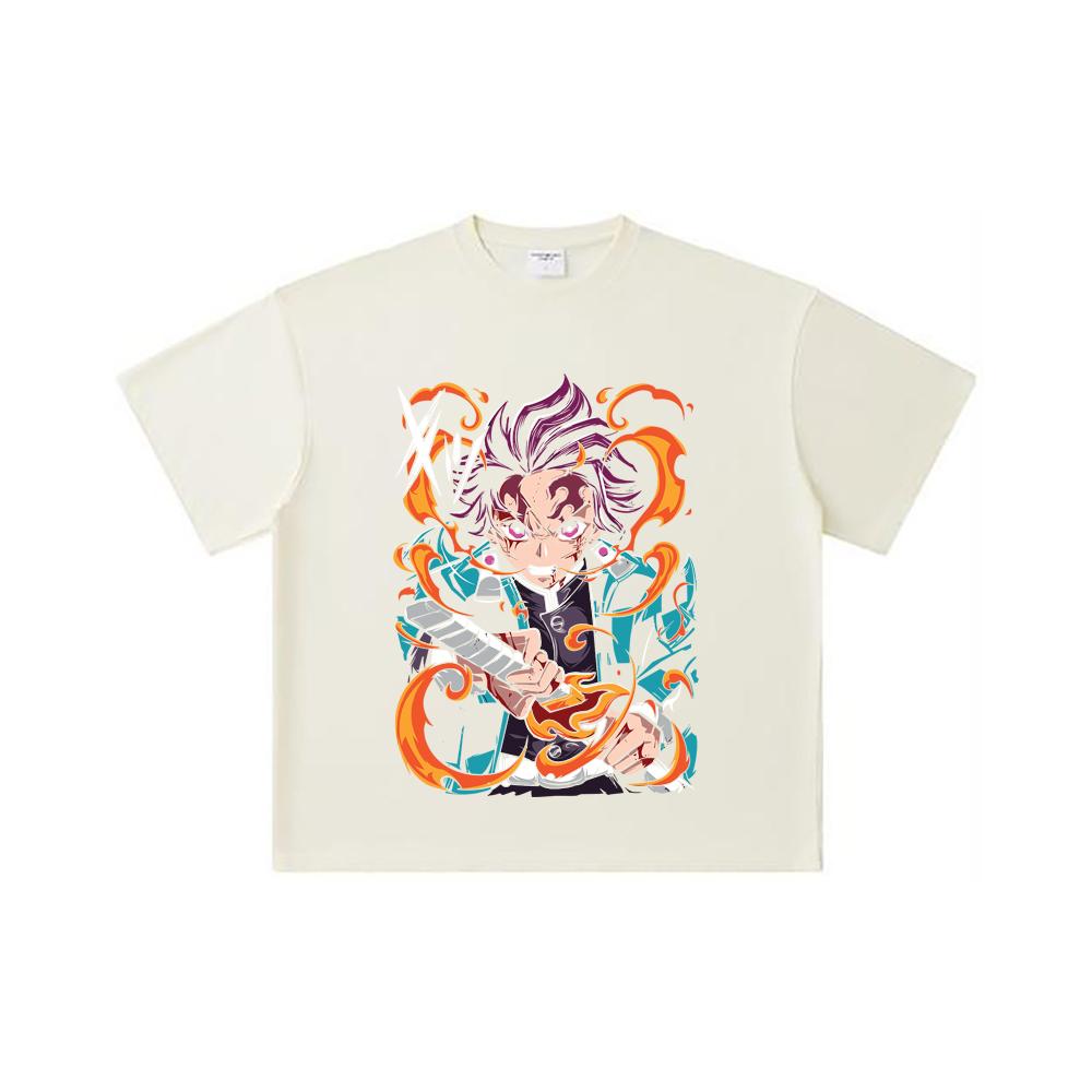 

260 GSM Double Yarn 32 Count 100% Cotton Demon Slayer V64 Tanjiro Fire Breathing Print Unisex Heavy Cotton T Shirt S абрикосовый