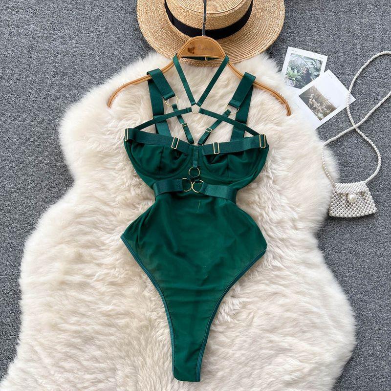 

Cross Buckle Cutout Sling Bodysuit Mesh Halterneck Dark green S