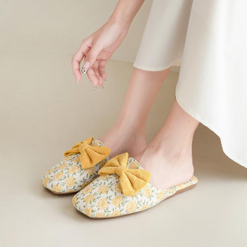 Fashion Sweet Bow Decorative Design Flat Slippers Women Winter Warm Fluffy Home Cotton Slippers Comfortable Lightweight Non-slip Slipper