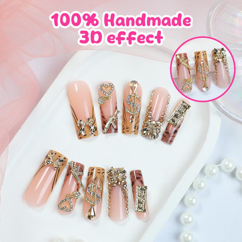 European/American Bowknot Rhinestone Leopard Long False Nails with Gold Inlay.