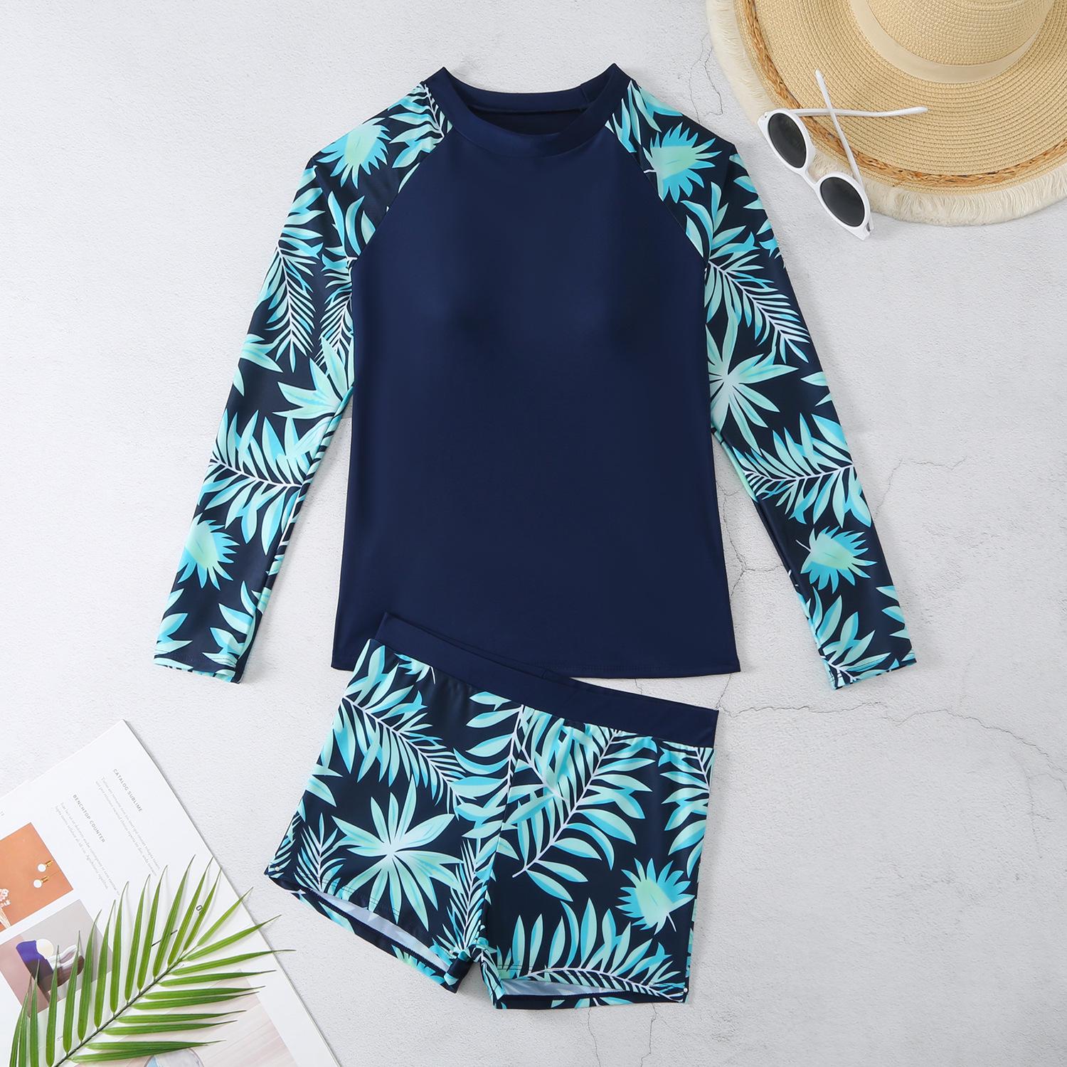 

2024 European & American Cross-Border Long Sleeve Digital Print Conservative Women s Two-Piece Bikini Medium лист/тёмно-синий