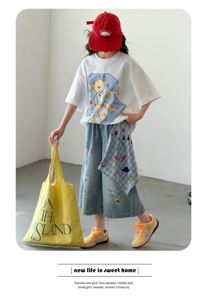 Girls' Summer Set 2026 New Style Children's Fashionable and Stylish Medium to Large Children's Loose Short sleeved Cowboy Shorts Two Piece Set