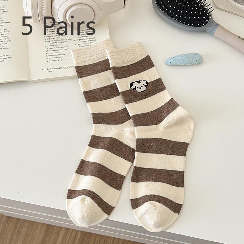 

5 пар женских весенних и осенних носков-труб с вышитыми полосками в стиле колледжа Windswept 5 Pairs кофейный/кремовый