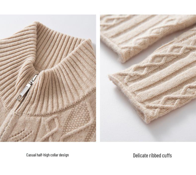 Women's 100% Cashmere Cable-Knit Cardigan Coat – Long Sleeve, Half High Neck, Zip Closure, Loose Fit