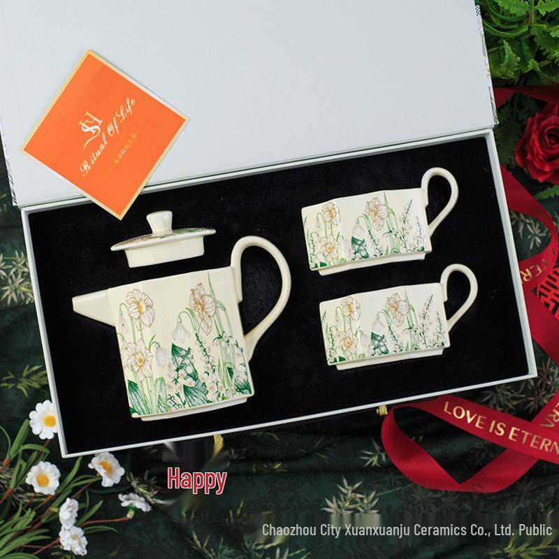Vintage High-End Coffee Cup & Saucer Set, Octagonal Floral Mug Pair with Coffee Pot Gift Box 230ml