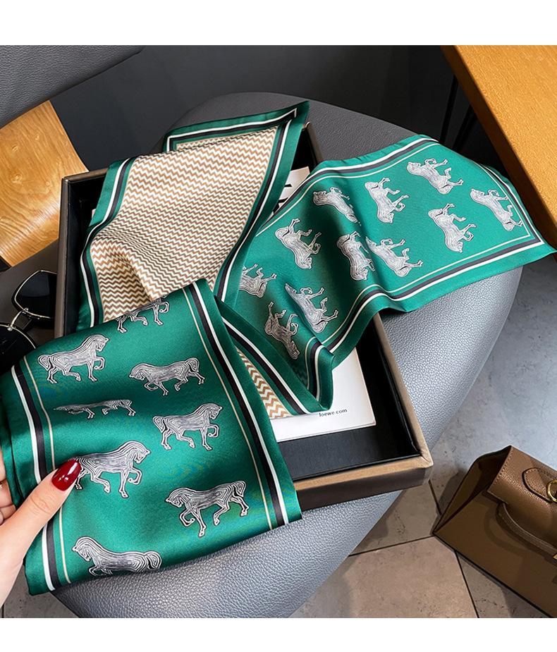 Luxury Design Horse Print Silk Scarf Women Long Soft Satin Hairband Neckerchief Office Hijab Headband Foulard Gift 15*145cm