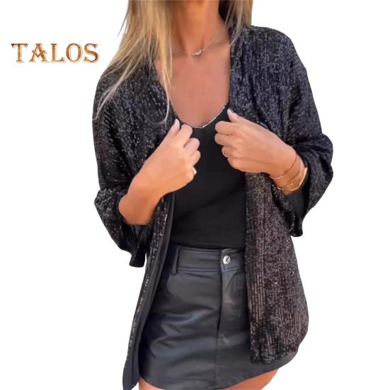 Spring Autumn Women Jacket Sequin Decor Slim Fit Open Stitch Mid Length Long Sleeves Pure Color Club Party Daily Wear Coat