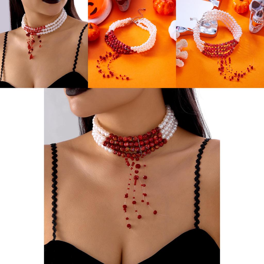 Collier de Perles Goutte de Sang d'Halloween avec Design Géométrique Fait Main pour Femmes