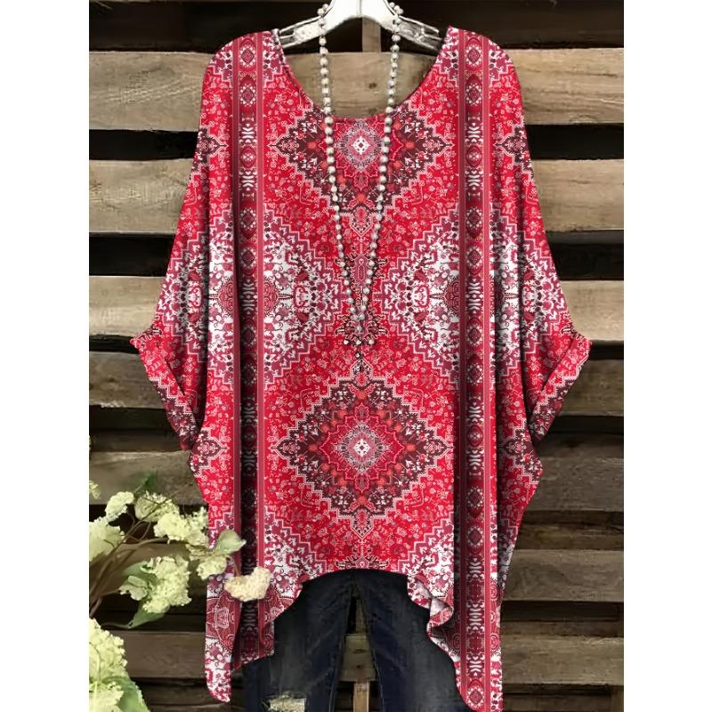 Paisley Ethnic Style Printed Round Neck T-shirt Fashionable Plus Size Top 1XL