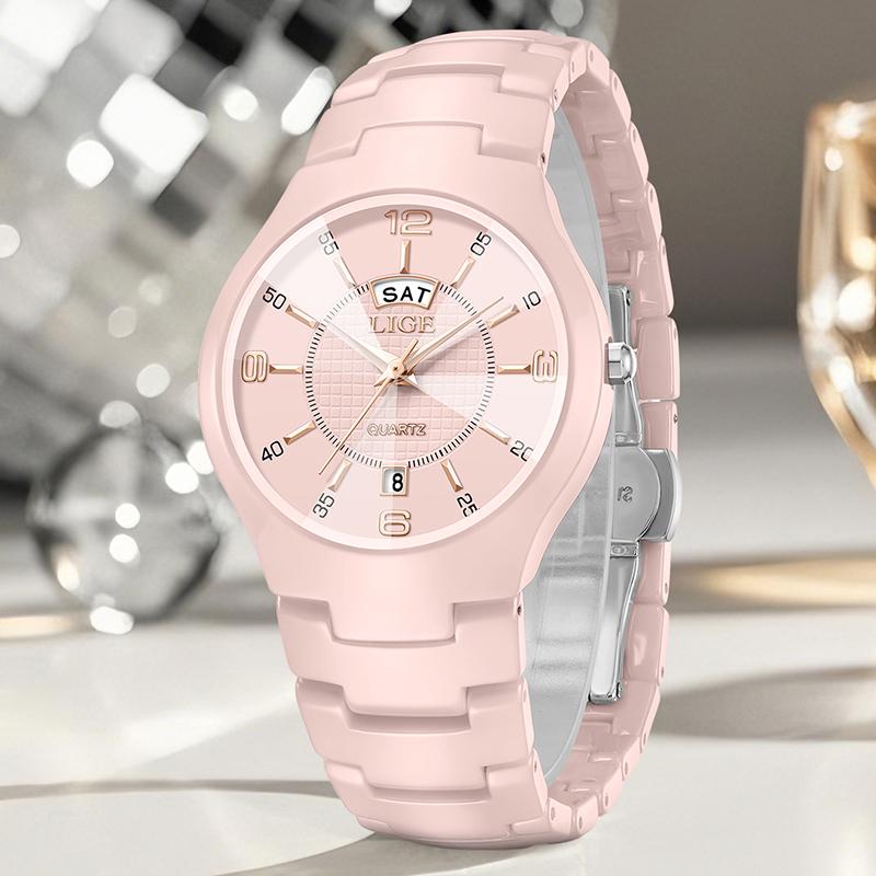 LIGE Elegante Keramik Damenuhr Luxus Mode Quarz Armbanduhren Wasserdicht Datum Woche Uhren Damen Geschenke Reloj Mujer+Box