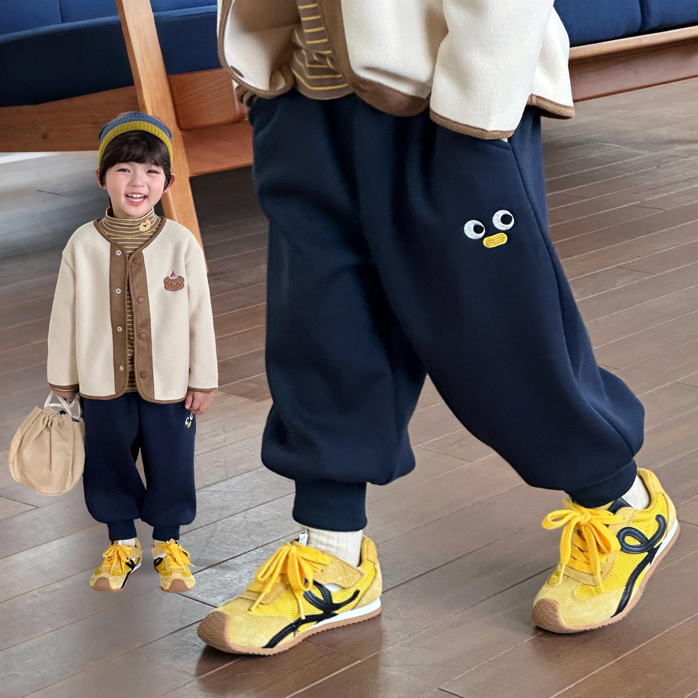 

Boys Autumn/Winter Fleece Lined Sports Pants - Thick, Casual, One-Piece 100 cm темно-синий