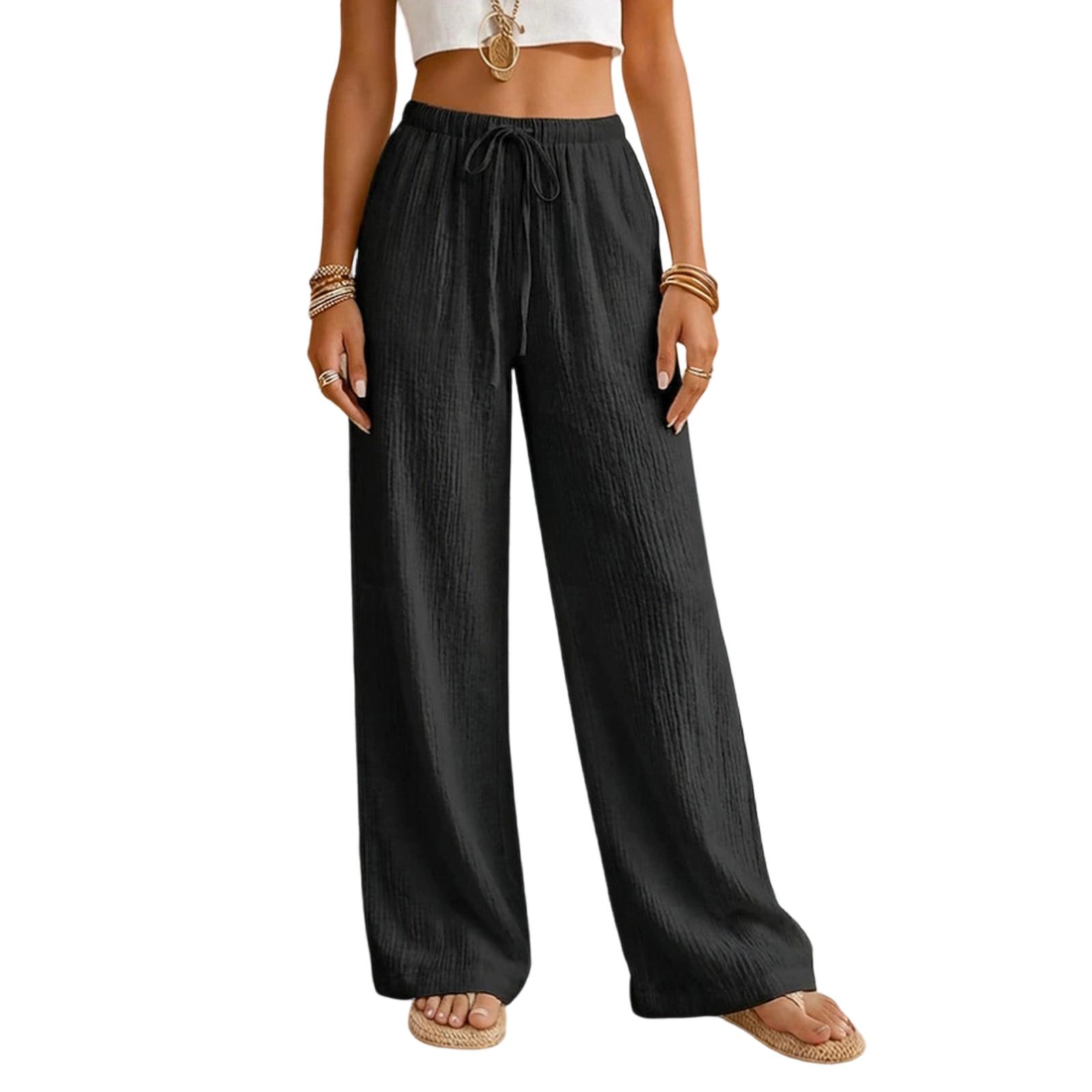 Women s Fashion Loose  Straight Drawstring Pocket Casual Pants L чёрный