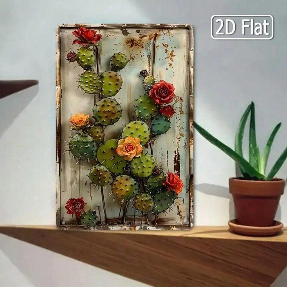 Vintage Metal Wall Art Rustic Tin Sign Cactus Flower Retro Decor