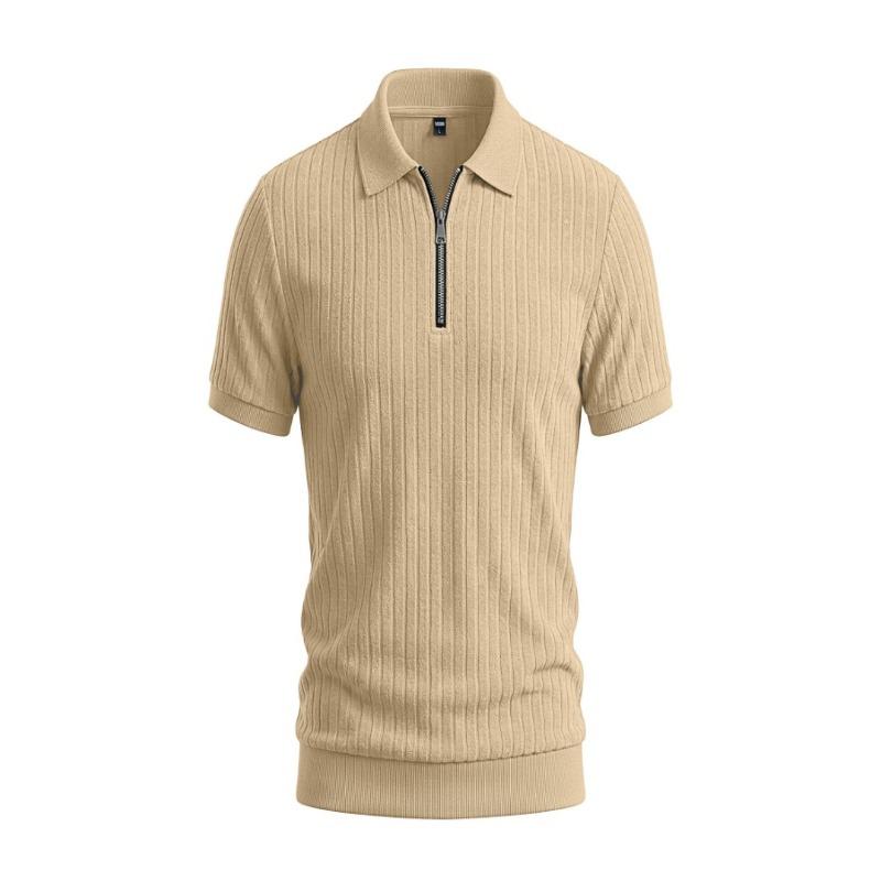 Men Solid Vertical Stripe Half Zip Turn Down Collar Short Sleeve Casual Large Size Polo T Shirt