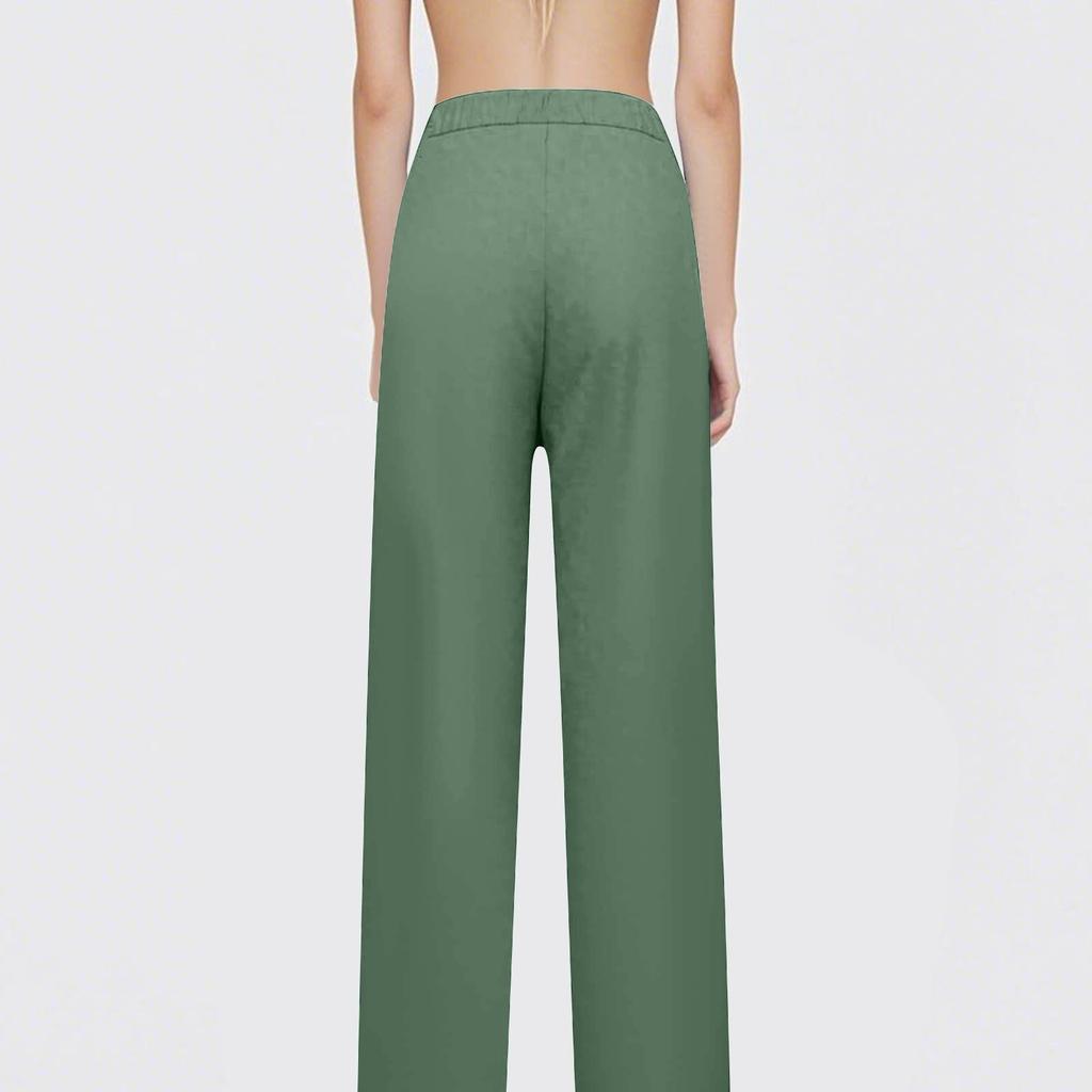 Women's Fashion Cotton Linen Color Casual Daily Side Pockets Leg Hollow Button Trousers