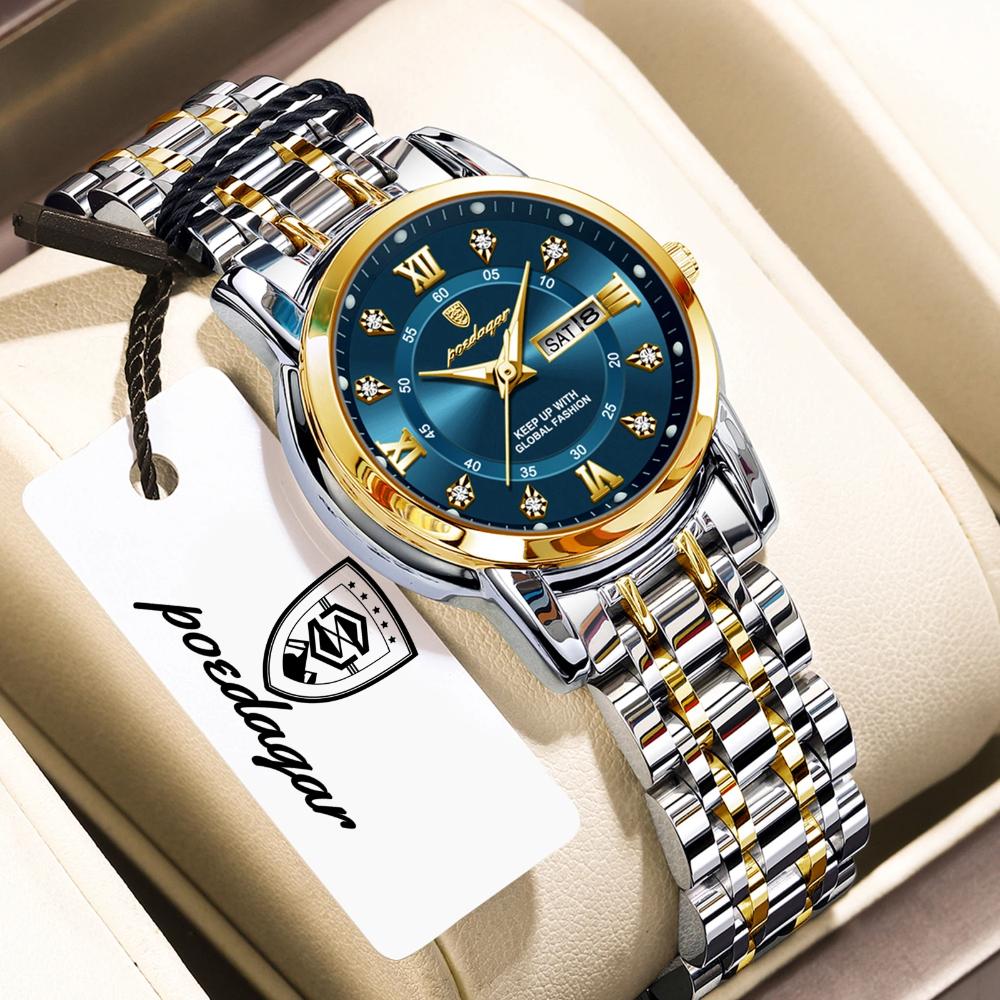 POEDAGAR Casual Women Wristwatch Waterproof Luminous Date Week Quartz Watches Stainless Steel Elegant Dress Ladies Watch