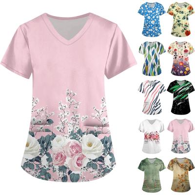 Women's Cute Printed Work Clothes V-neck Double Layer Pockets Basic Short Sleeve Top Pullover Valentines