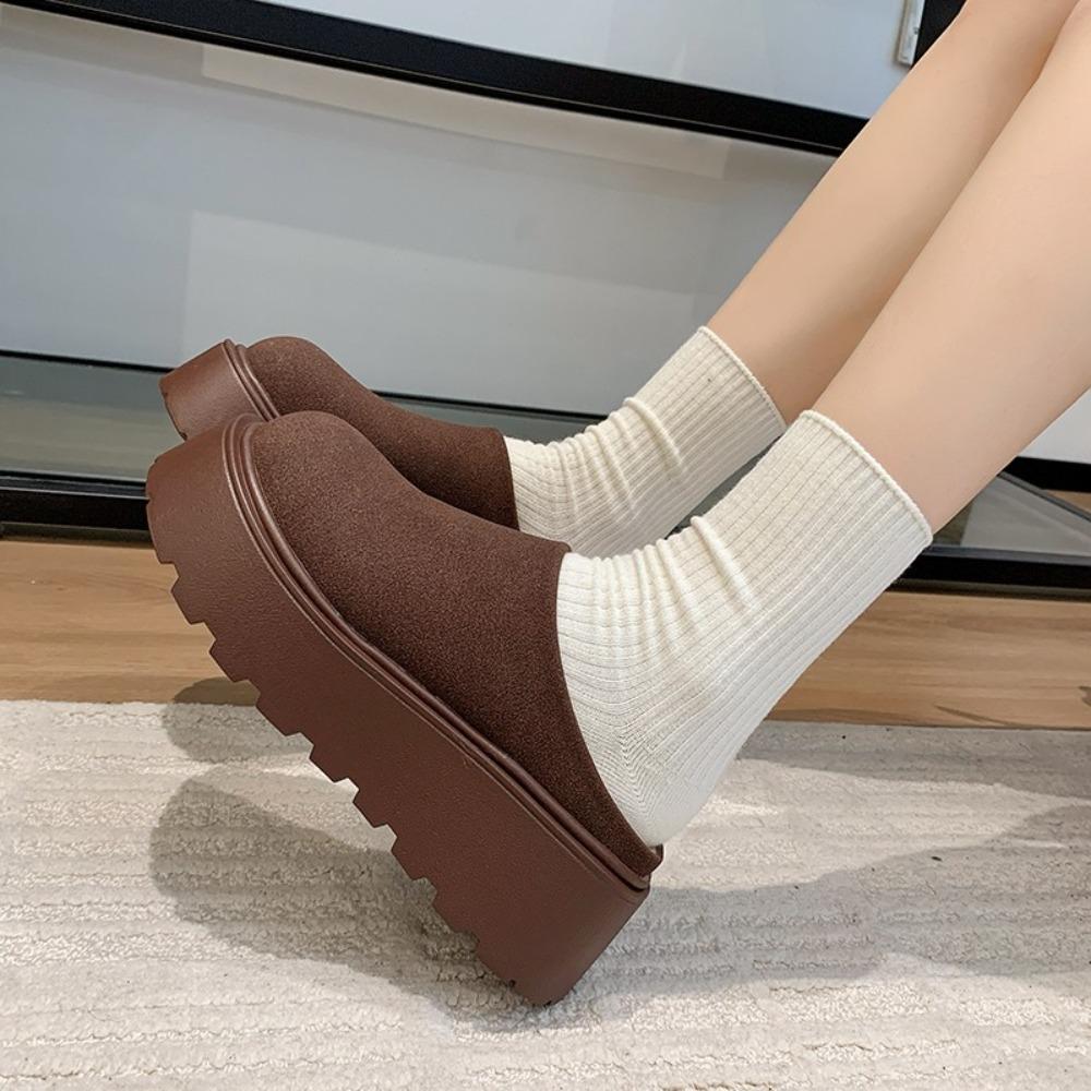 Women Fur Platform Half Slippers Woman Retro Suede Warm Shoes Autumn New Outdoor Design Thick-bottom Increase Cotton Slippers