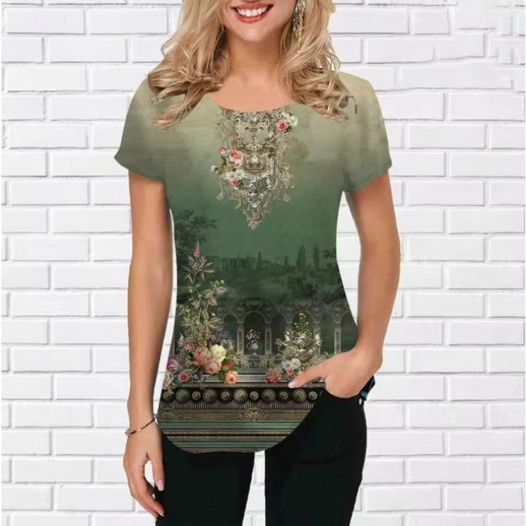 Summer Round Neck 3D Retro Floral pattern Print Top Fashionable Casual Short Sleeved Women's T-shirts