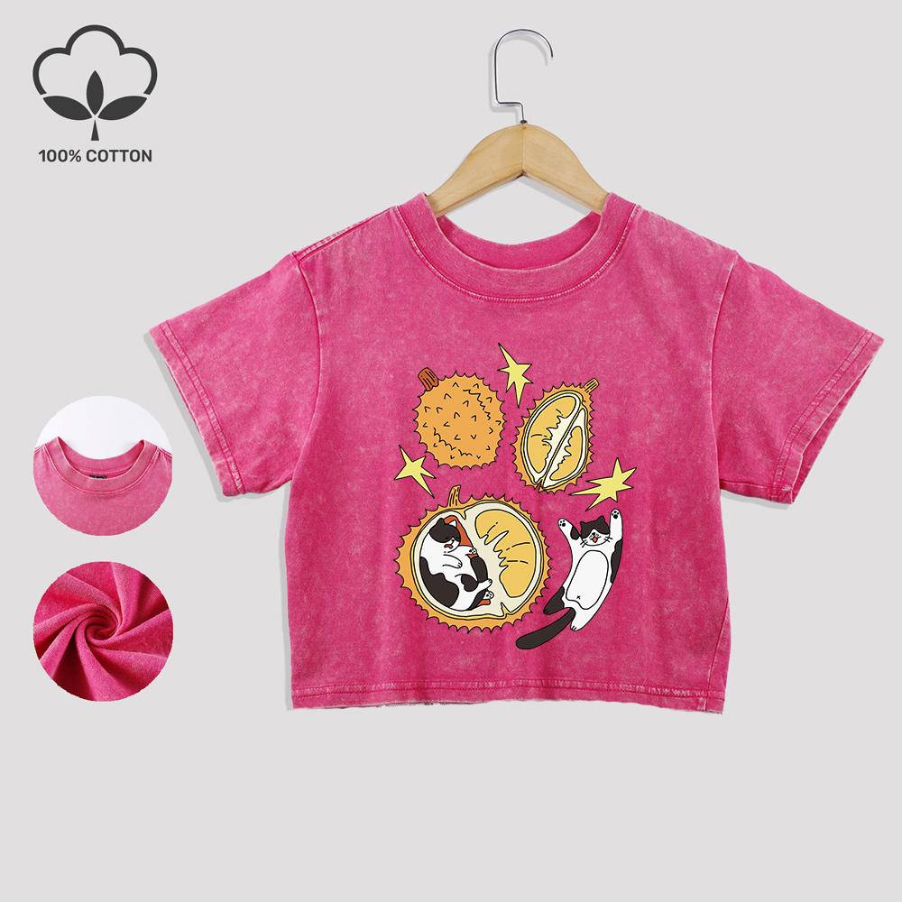 Cat Nested In Durian Printing Cotton Washed T-Shirts Fashion Summer Lace Hem Crop Tops O-Neck Regular Fit Tees Casual Clothes