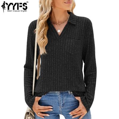 Women's Fashion Casual Spring Fall Solid Color Print Long Sleeve POLO Neck Blouses & Shirts
