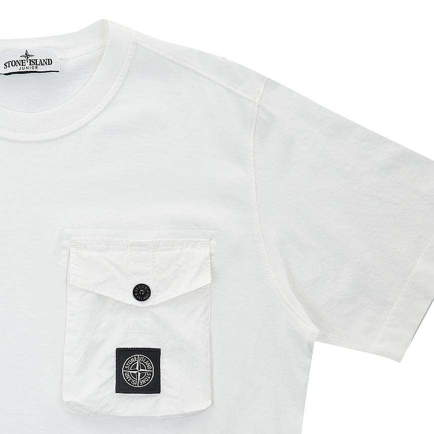 STONE ISLAND T-Shirt Solid Color Pocket Loose Round Neck Short Sleeve Kids Tops White 781620247-V0001