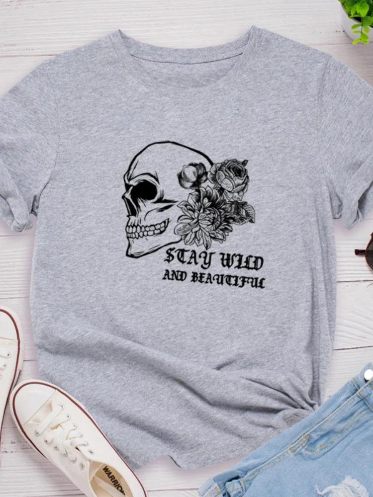 

Женская футболка с принтом черепа и цветка, короткий рукав, O-образный вырез, свободная женская футболка, женская модная футболка, топы, Camisetas Mujer XXXL светло-серый