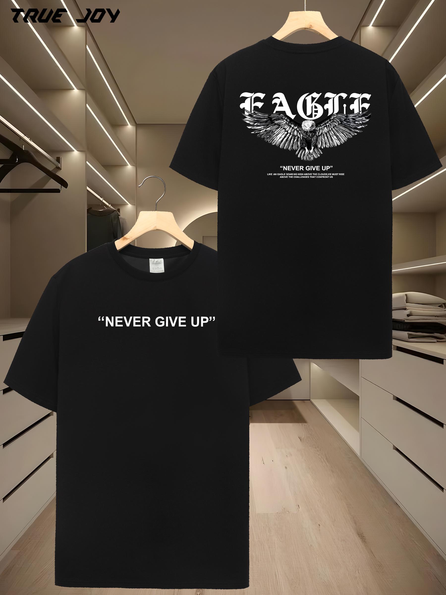 NEVER GIVE UP Eagle Wings Graphic T-shirt - Motivational Short Sleeve Round Neck Summer Tee XL