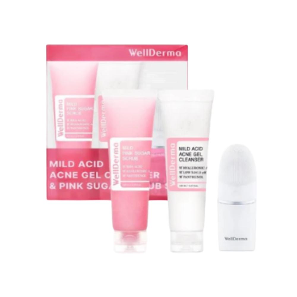 

WellDerma / Набор: Мягкий кислотный гель для умывания от акне и скраб с розовым сахаром / Очищающий и разглаживающий дуэт для пор / Сделано в Корее