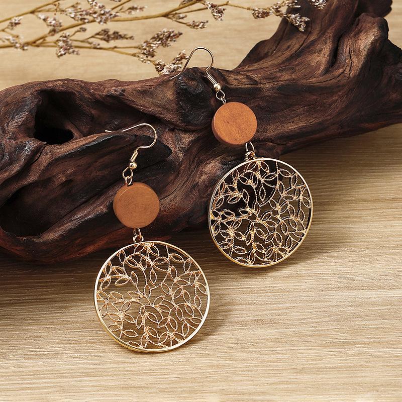 Hollow Earrings Women's Exaggerated Retro Style Wood Alloy Engraved Long Face Thin Stud Earrings