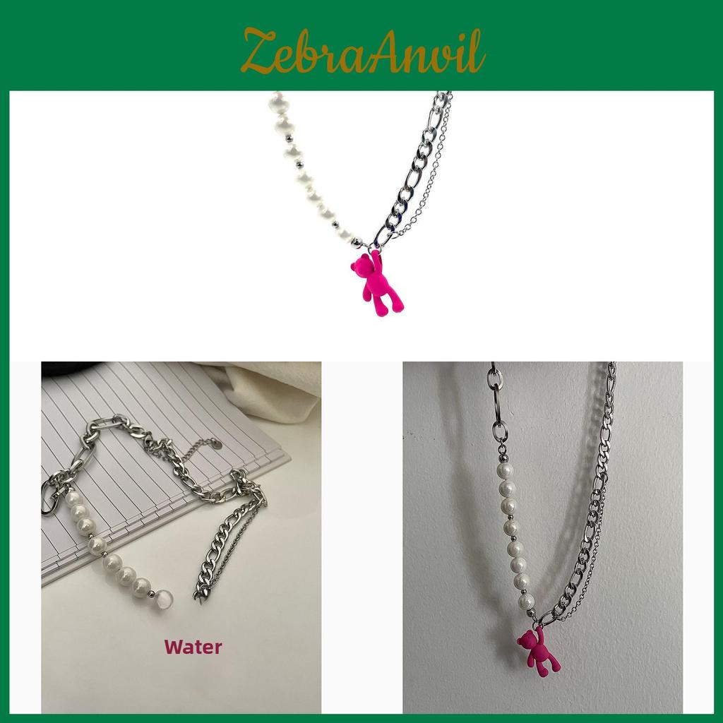 Pink Bear Pendant Necklace For Women Girls Cute Animal Jewelry With Pearl Chain