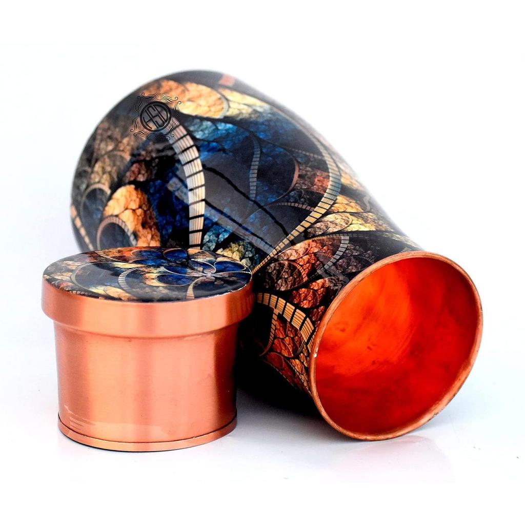 Copper Bedroom Bottle Printed Jug with Inbuilt Glass, Joint Free Bedside Pot, Modern Design, (1000 ML)