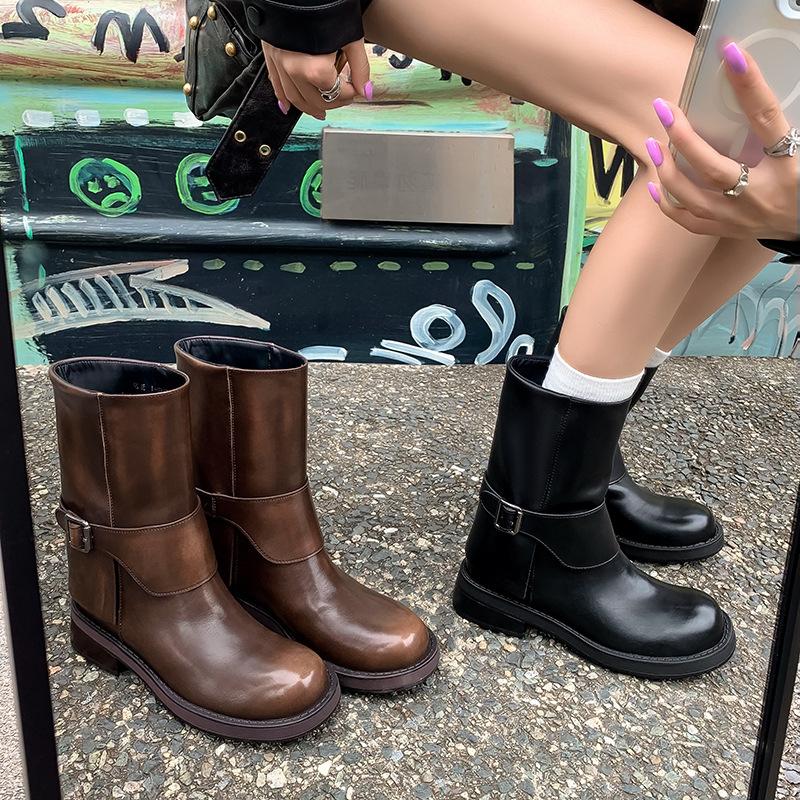 Cowhide~ Leather Belt Buckle Straight Boots Small Thick-soled British Martin Boots Western Boots Short Boots Women's Knight Boots