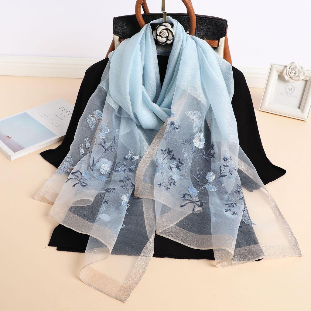 Autumn And Winter Simulated Silk Sunscreen Embroidery Long Silk Scarf Temperament Versatile Shawl Warm Embroidery Scarf Women