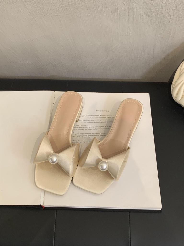 Bow women's slippers women's summer wear new French temperament fairy style evening with skirt thick heel sandals