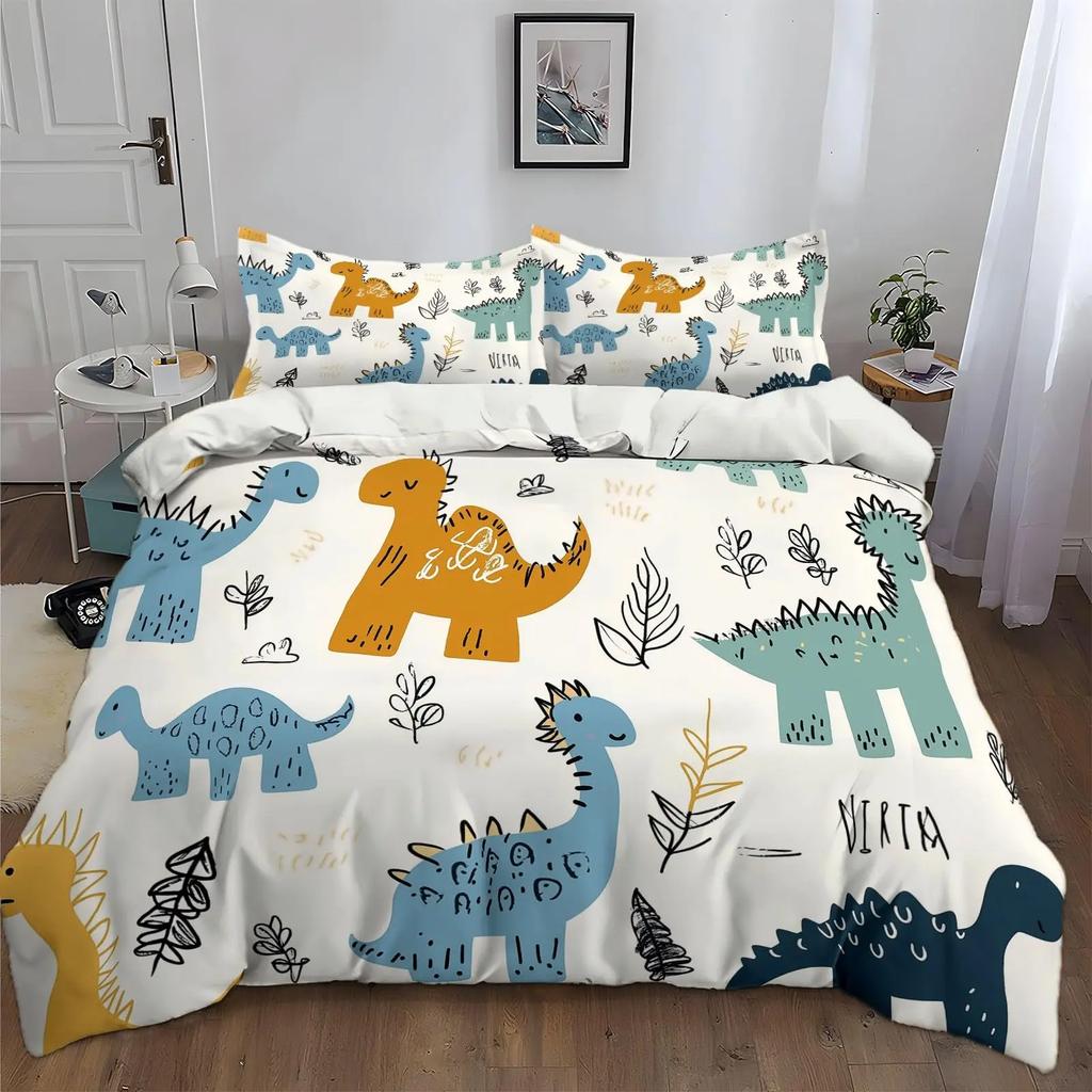 Kawaii Dinosaur Duvet Cover Queen Size For Kids, Cute Colorful Cartoon Soft Comforter Covers With Zipper Closure Bedroom Bedding